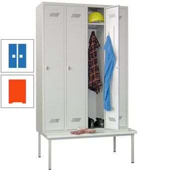 Spindschrank mit Sitzbank - 4 Fächer a 300 mm - 2.150x1.200x800 mm (HxBxT) - Zylinderschloss - reinorange/himmelblau RAL 5015 Himmelblau | RAL 2004 Reinorange