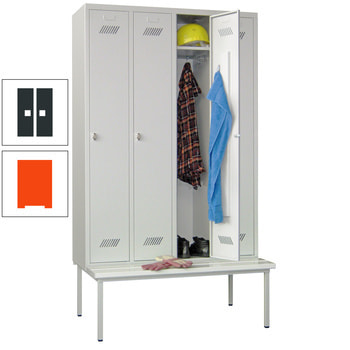 Spindschrank mit Sitzbank - 4 Fächer a 300 mm - 2.150x1.200x800 mm (HxBxT) - Zylinderschloss - reinorange/anthrazitgrau RAL 7016 Anthrazitgrau | RAL 2004 Reinorange