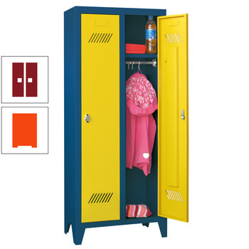 Spindschrank f. Kindergärten - mit Füßen - Höhe 1.300 mm - 2 Abteile a 250 mm - Zylinderschloss - reinorange/rubinrot RAL 3003 Rubinrot | RAL 2004 Reinorange