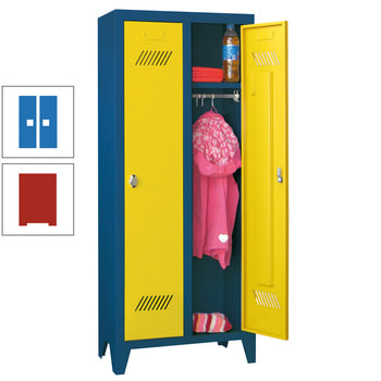 Spindschrank f. Kindergärten - mit Füßen - Höhe 1.300 mm - 2 Abteile a 250 mm - Zylinderschloss - feuerrot/himmelblau RAL 5015 Himmelblau | RAL 3000 Feuerrot