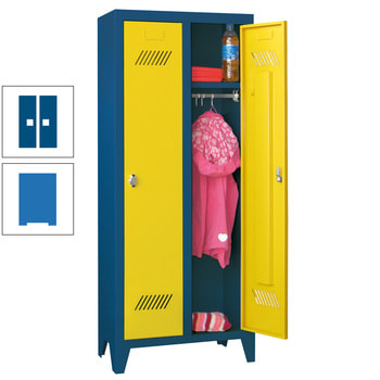 Beispielabbildung Garderobenschrank für Kindergärten, hier in der Ausführung mit Drehriegel, Korpus in enzianblau (RAL 5010) und Front in Zinkgelb (RAL 1018)