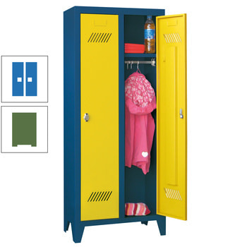 Beispielabbildung Garderobenschrank für Kindergärten, hier in der Ausführung mit Drehriegel, Korpus in enzianblau (RAL 5010) und Front in Zinkgelb (RAL 1018)