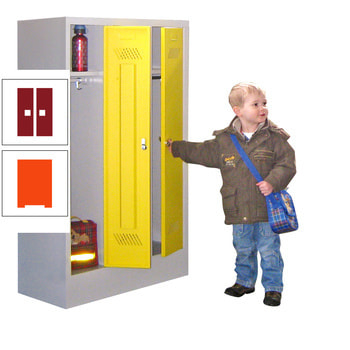 Spindschrank f. Kindergärten - mit Sockel - Höhe 1.300 mm - 2 Abteile a 250 mm - Zylinderschloss - reinorange/rubinrot RAL 3003 Rubinrot | RAL 2004 Reinorange