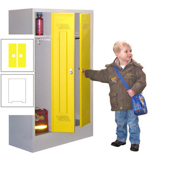 Beispielabbildung Garderobenschrank für Kindergärten, hier in der Ausführung mit Drehriegel, Korpus in Lichtgrau (RAL 7035) und Front in Zinkgelb (RAL 1018)