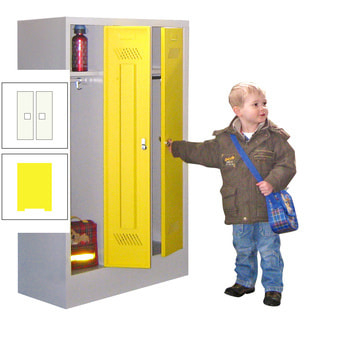 Beispielabbildung Garderobenschrank für Kindergärten, hier in der Ausführung mit Drehriegel, Korpus in Lichtgrau (RAL 7035) und Front in Zinkgelb (RAL 1018)
