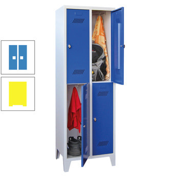 Kleiderschrank - 4 Fächer a 400 mm - (HxBxT) 1.850x830x500 mm - Füße - Drehriegel - zinkgelb/lichtblau RAL 5012 Lichtblau | RAL 1018 Zinkgelb