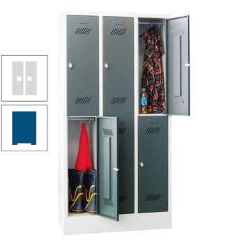 Kleiderschrank - 6 Fächer a 400 mm - (HxBxT) 1.850x1.200x500 mm - Sockel - Zylinderschloss - enzianblau/lichtgrau RAL 7035 Lichtgrau | RAL 5010 Enzianblau