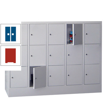 Schließfachschrank - 15 Fächer a 300 mm - 1.187x1.500x500 mm (HxBxT) - Sockel - Zylinderschloss - feuerrot/enzianblau RAL 5010 Enzianblau | RAL 3000 Feuerrot