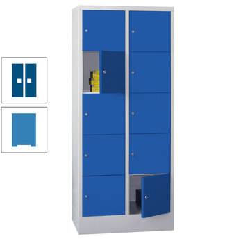 Schließfachschrank - 6 Fächer a 400 mm - 1.850x800x500 mm (HxBxT) - Sockel - Drehriegel - lichtblau/enzianblau RAL 5010 Enzianblau | RAL 5012 Lichtblau