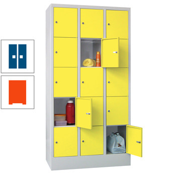 Schließfachschrank - 15 Fächer a 300 mm - 1.850x900x500 mm (HxBxT) - Sockel - Zylinderschloss - reinorange/enzianblau RAL 5010 Enzianblau | RAL 2004 Reinorange