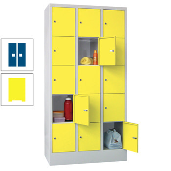 Schließfachschrank - 15 Fächer a 300 mm - 1.850x900x500 mm (HxBxT) - Sockel - Drehriegel - zinkgelb/enzianblau RAL 5010 Enzianblau | RAL 1018 Zinkgelb