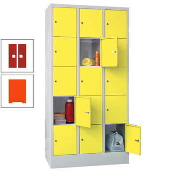 Schließfachschrank - 15 Fächer a 300 mm - 1.850x900x500 mm (HxBxT) - Sockel - Drehriegel - reinorange/feuerrot RAL 3000 Feuerrot | RAL 2004 Reinorange