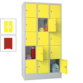 Schließfachschrank - 15 Fächer a 400 mm - 1.850x1.200x500 mm (HxBxT) - Sockel - Zylinderschloss - feuerrot/zinkgelb RAL 1018 Zinkgelb | RAL 3000 Feuerrot