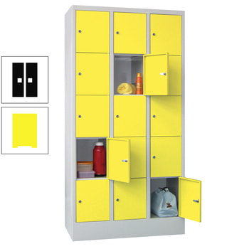 Schließfachschrank - 15 Fächer a 400 mm - 1.850x1.200x500 mm (HxBxT) - Sockel - Drehriegel - zinkgelb/tiefschwarz RAL 9005 Tiefschwarz | RAL 1018 Zinkgelb