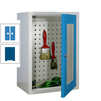 Stahl-Hängeschrank - 1 Sichtfenstertür - Rückwand gelocht - 600x400x300 mm (HxBxT) - enzianblau/lichtblau RAL 5012 Lichtblau | RAL 5010 Enzianblau