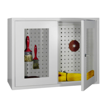 Stahl-Hängeschrank 2 Sichtfenstertüren Rückwand gelocht 600x800x300