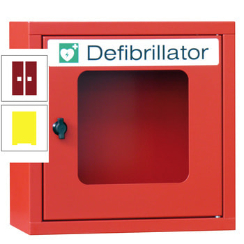 Defibrillatorenschrank - 400x400x220 mm (HxBxT) - Sichtfenster - zinkgelb/rubinrot RAL 3003 Rubinrot | RAL 1018 Zinkgelb