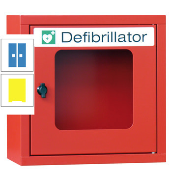 Defibrillatorenschrank - 400x400x220 mm (HxBxT) - Sichtfenster - zinkgelb/lichtblau RAL 5012 Lichtblau | RAL 1018 Zinkgelb