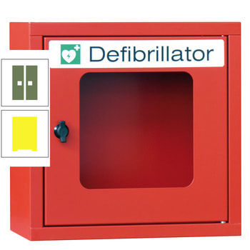 Defibrillatorenschrank - 400x400x220 mm (HxBxT) - Sichtfenster - zinkgelb/resedagrün RAL 6011 Resedagrün | RAL 1018 Zinkgelb