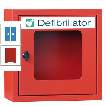 Defibrillatorenschrank - 400x400x220 mm (HxBxT) - Sichtfenster - feuerrot/lichtblau RAL 5012 Lichtblau | RAL 3000 Feuerrot