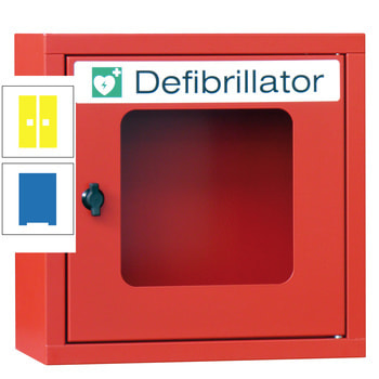 Defibrillatorenschrank - 400x400x220 mm (HxBxT) - Sichtfenster - himmelblau/zinkgelb RAL 1018 Zinkgelb | RAL 5015 Himmelblau
