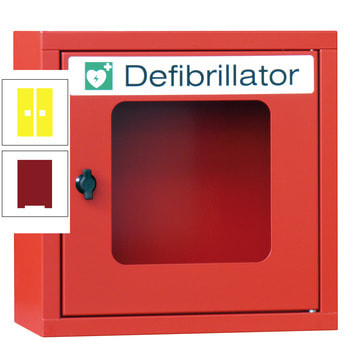 Defibrillatorenschrank mit akustischem Alarm - 400x400x220 mm (HxBxT) - Sichtfenster - rubinrot/zinkgelb RAL 1018 Zinkgelb | RAL 3003 Rubinrot