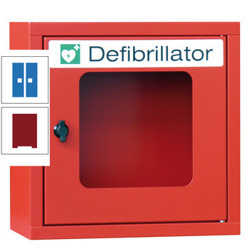 Defibrillatorenschrank mit akustischem Alarm - 400x400x220 mm (HxBxT) - Sichtfenster - rubinrot/himmelblau RAL 5015 Himmelblau | RAL 3003 Rubinrot