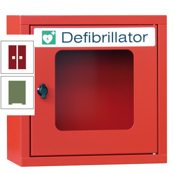 Defibrillatorenschrank mit akustischem Alarm - 400x400x220 mm (HxBxT) - Sichtfenster - resedagrün/rubinrot RAL 3003 Rubinrot | RAL 6011 Resedagrün