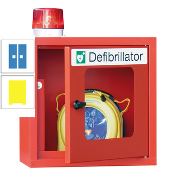 Defibrillatorenschrank mit akustischem und optischem Alarm - 490x400x220 mm (HxBxT) - Sichtfenster - zinkgelb/lichtblau RAL 5012 Lichtblau | RAL 1018 Zinkgelb