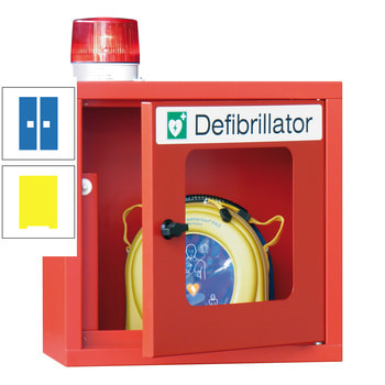 Defibrillatorenschrank mit akustischem und optischem Alarm - 490x400x220 mm (HxBxT) - Sichtfenster - zinkgelb/himmelblau RAL 5015 Himmelblau | RAL 1018 Zinkgelb