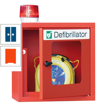 Defibrillatorenschrank mit akustischem und optischem Alarm - 490x400x220 mm (HxBxT) - Sichtfenster - reinorange/enzianblau RAL 5010 Enzianblau | RAL 2004 Reinorange