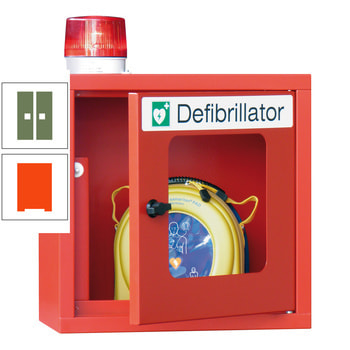 Defibrillatorenschrank mit akustischem und optischem Alarm - 490x400x220 mm (HxBxT) - Sichtfenster - reinorange/resedagrün RAL 6011 Resedagrün | RAL 2004 Reinorange