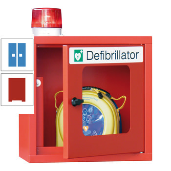 Defibrillatorenschrank mit akustischem und optischem Alarm - 490x400x220 mm (HxBxT) - Sichtfenster - feuerrot/lichtblau RAL 5012 Lichtblau | RAL 3000 Feuerrot