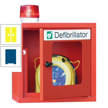 Defibrillatorenschrank mit akustischem und optischem Alarm - 490x400x220 mm (HxBxT) - Sichtfenster - enzianblau/zinkgelb RAL 1018 Zinkgelb | RAL 5010 Enzianblau