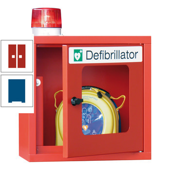 Defibrillatorenschrank mit akustischem und optischem Alarm - 490x400x220 mm (HxBxT) - Sichtfenster - enzianblau/feuerrot RAL 3000 Feuerrot | RAL 5010 Enzianblau