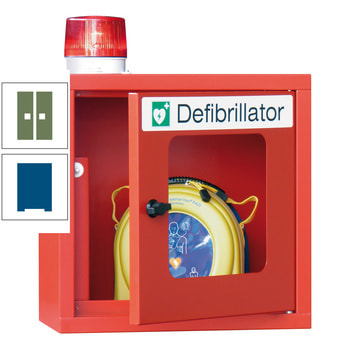 Defibrillatorenschrank mit akustischem und optischem Alarm - 490x400x220 mm (HxBxT) - Sichtfenster - enzianblau/resedagrün RAL 6011 Resedagrün | RAL 5010 Enzianblau