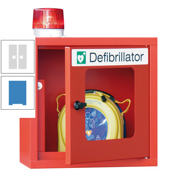 Beispielabbildung des Defibrillatorenschrankes in feuerrot (RAL 3000), mit optischem Alarm (Lieferung ohne Defibrillator)