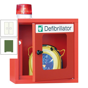 Defibrillatorenschrank mit akustischem und optischem Alarm - 490x400x220 mm (HxBxT) - Sichtfenster - resedagrün/reinweiß RAL 9010 Reinweiß | RAL 6011 Resedagrün