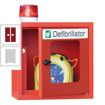 Defibrillatorenschrank mit akustischem und optischem Alarm - 490x400x220 mm (HxBxT) - Sichtfenster - lichtgrau/rubinrot RAL 3003 Rubinrot | RAL 7035 Lichtgrau