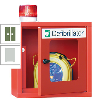 Defibrillatorenschrank mit akustischem und optischem Alarm - 490x400x220 mm (HxBxT) - Sichtfenster - lichtgrau/resedagrün RAL 6011 Resedagrün | RAL 7035 Lichtgrau