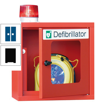 Defibrillatorenschrank mit akustischem und optischem Alarm - 490x400x220 mm (HxBxT) - Sichtfenster - tiefschwarz/enzianblau RAL 5010 Enzianblau | RAL 9005 Tiefschwarz