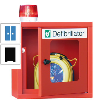 Defibrillatorenschrank mit akustischem und optischem Alarm - 490x400x220 mm (HxBxT) - Sichtfenster - tiefschwarz/lichtblau RAL 5012 Lichtblau | RAL 9005 Tiefschwarz