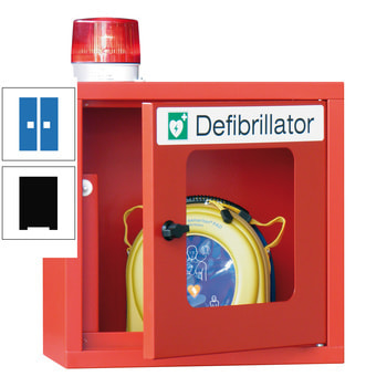Defibrillatorenschrank mit akustischem und optischem Alarm - 490x400x220 mm (HxBxT) - Sichtfenster - tiefschwarz/himmelblau RAL 5015 Himmelblau | RAL 9005 Tiefschwarz