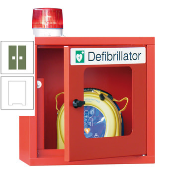 Defibrillatorenschrank mit akustischem und optischem Alarm - 490x400x220 mm (HxBxT) - Sichtfenster - reinweiß/resedagrün RAL 6011 Resedagrün | RAL 9010 Reinweiß