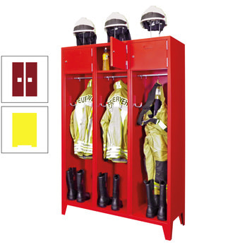 Feuerwehrschrank - 2 Abteile - Ablagefach mit Tür, Etikettenrahmen - 2.100 x 830 x 500 mm (HxBxT) - zinkgelb/rubinrot RAL 3003 Rubinrot | RAL 1018 Zinkgelb