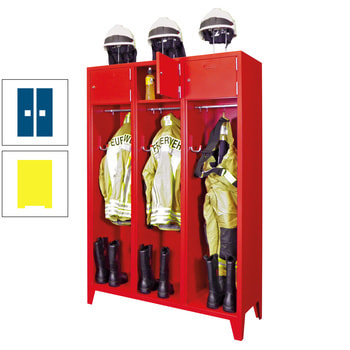 Feuerwehrschrank - 2 Abteile - Ablagefach mit Tür, Etikettenrahmen - 2.100 x 830 x 500 mm (HxBxT) - zinkgelb/enzianblau RAL 5010 Enzianblau | RAL 1018 Zinkgelb