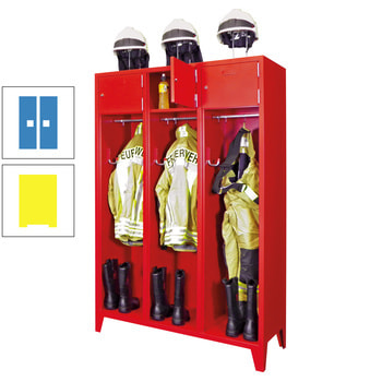 Feuerwehrschrank - 2 Abteile - Ablagefach mit Tür, Etikettenrahmen - 2.100 x 830 x 500 mm (HxBxT) - zinkgelb/lichtblau RAL 5012 Lichtblau | RAL 1018 Zinkgelb