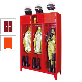 Feuerwehrschrank - 2 Abteile - Ablagefach mit Tür, Etikettenrahmen - 2.100 x 830 x 500 mm (HxBxT) - reinorange/rubinrot RAL 3003 Rubinrot | RAL 2004 Reinorange