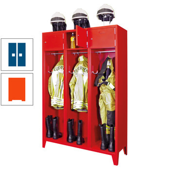 Feuerwehrschrank - 2 Abteile - Ablagefach mit Tür, Etikettenrahmen - 2.100 x 830 x 500 mm (HxBxT) - reinorange/enzianblau RAL 5010 Enzianblau | RAL 2004 Reinorange