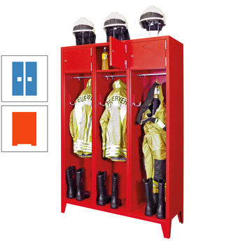 Feuerwehrschrank - 2 Abteile - Ablagefach mit Tür, Etikettenrahmen - 2.100 x 830 x 500 mm (HxBxT) - reinorange/lichtblau RAL 5012 Lichtblau | RAL 2004 Reinorange